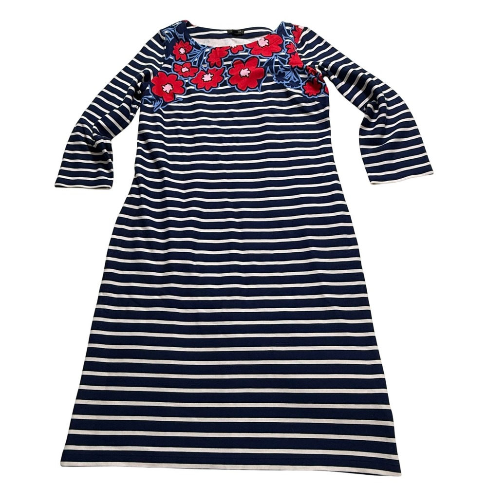 Talbots Striped‎ Floral Dress Womens XS Navy White Red Cotton Knit 3/4 Sleeve